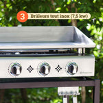Close-up van de Vivaplancha plancha met drie volledig roestvrijstalen branders (7,5 kW), regelknoppen aan de voorzijde en een badge die het vermogen van de branders illustreert.
