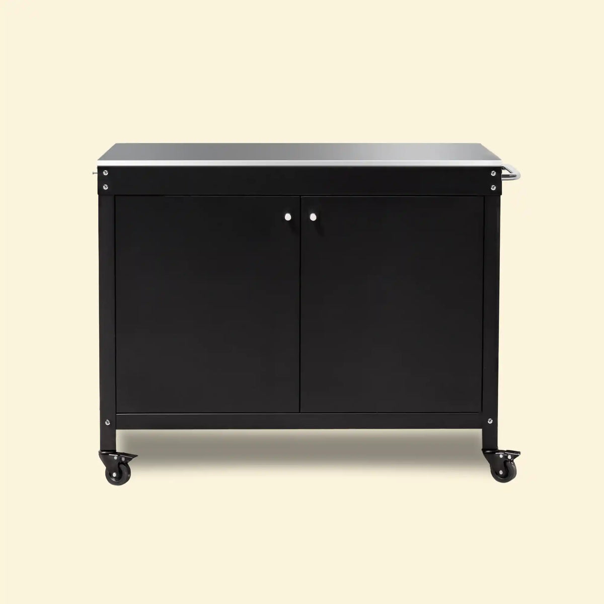 Desserte Bodega noire pour plancha Vivaplancha, plateau en inox, deux portes et roulettes, sur fond beige.