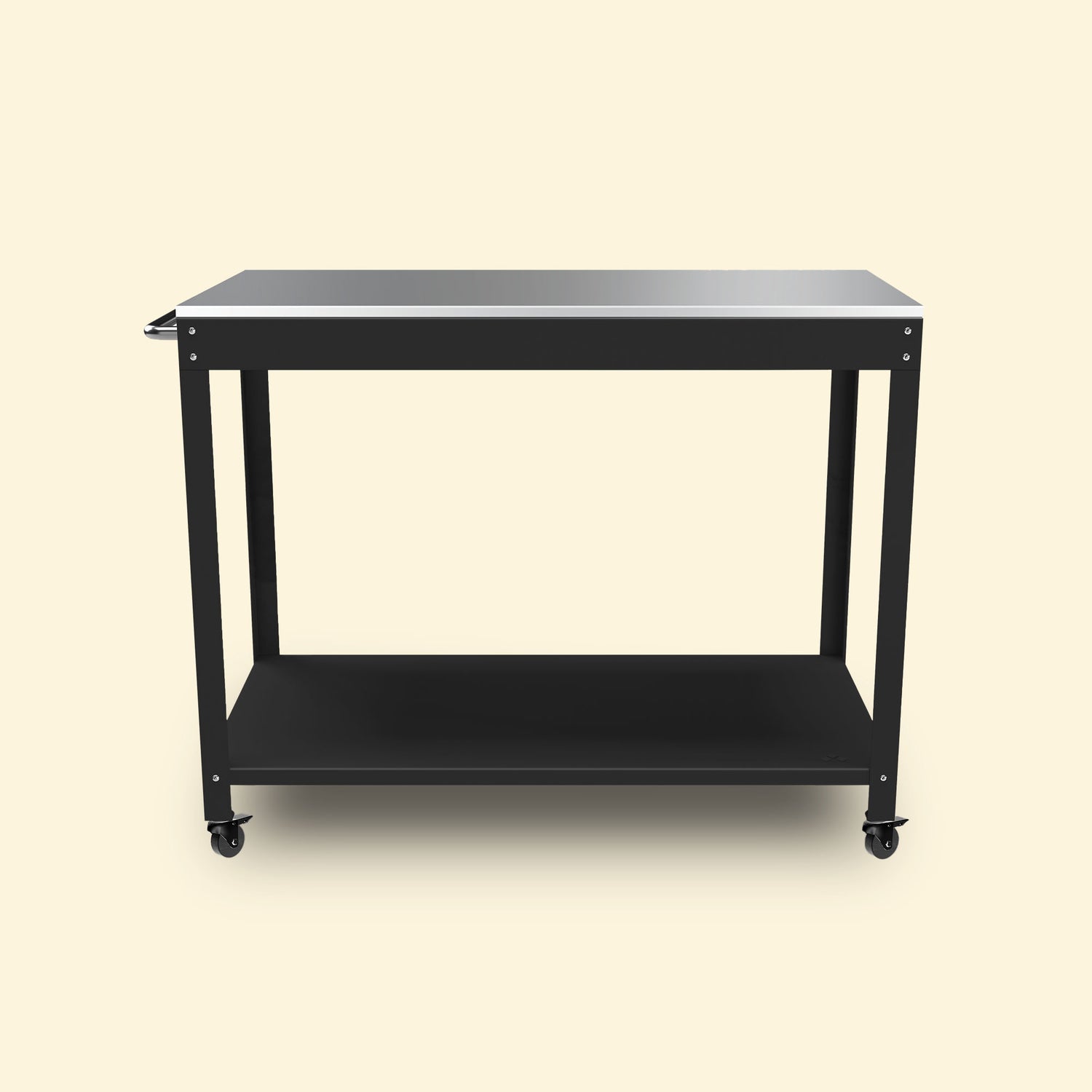 Desserte Goya 100 en métal noir avec plateau inox, équipée de roulettes et d’une étagère inférieure, présentée sur fond uni.