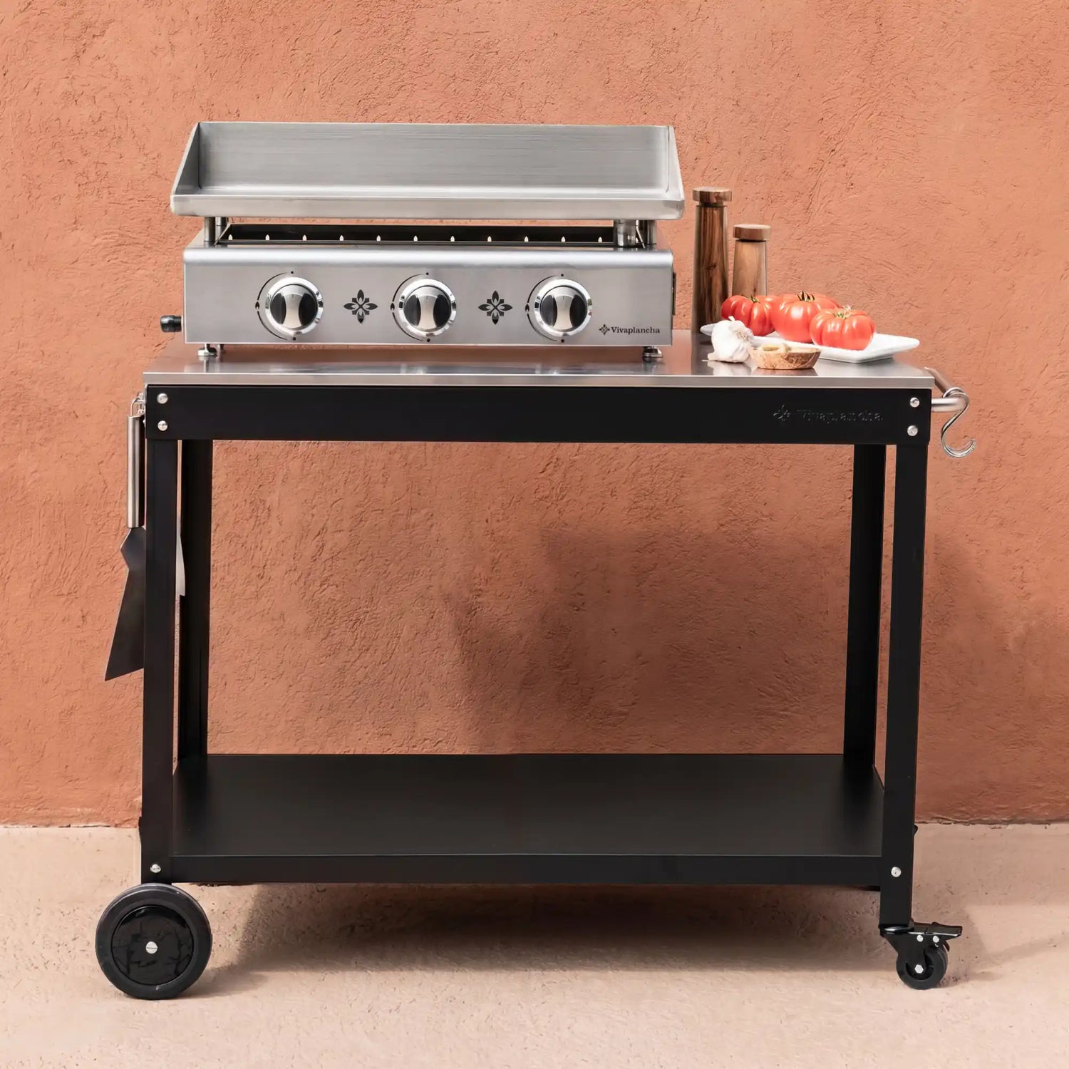 Pakket RVS gasplancha PIMIENTOS 3 branders + Deksel + Accessoires + Onderstel