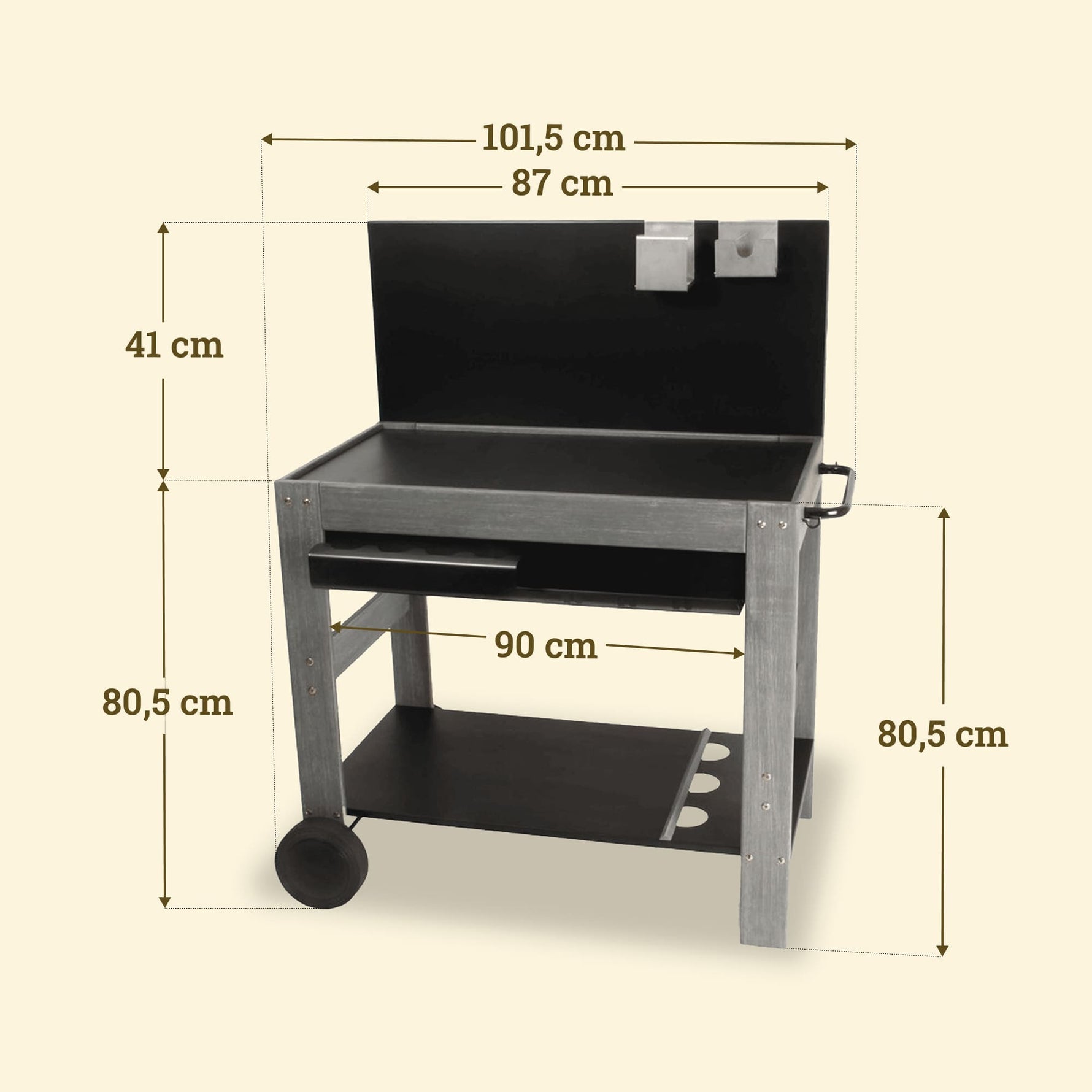 Desserte Vivaplancha en bois avec crédence de 101,5 cm, plateau de 90 cm et hauteur 80,5 cm, équipée d’emplacements pour accessoires.