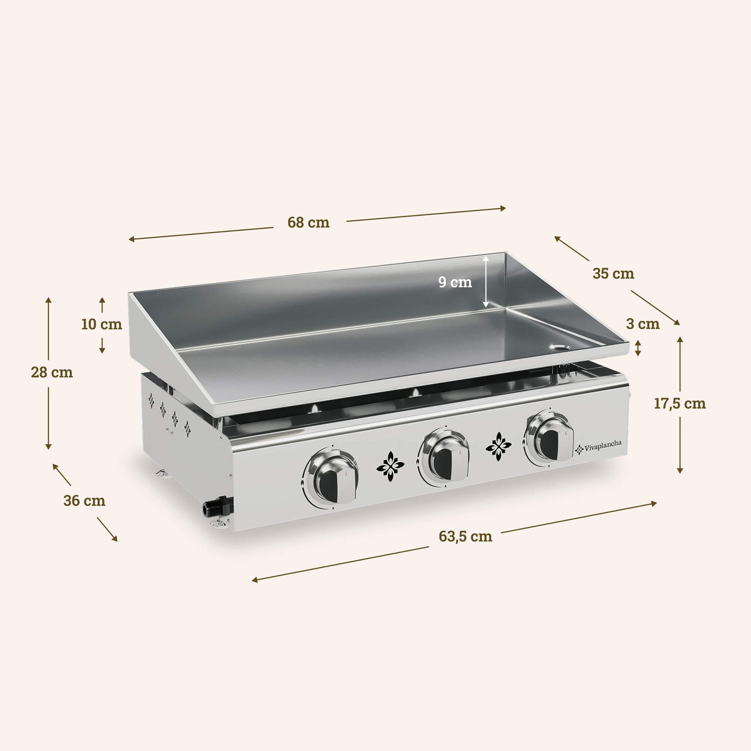 Schéma des dimensions de la plancha vivaplancha Pimientos en inox, indiquant une surface de cuisson de 68 × 35 cm, des rebords de 9 cm et 3 cm, une hauteur totale de 28 cm, une profondeur de 36 cm et une largeur de 63,5 cm.