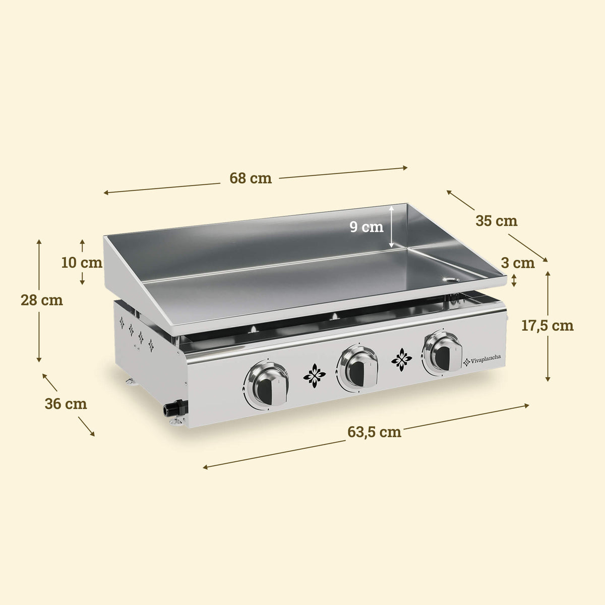 Schéma des dimensions de la plancha vivaplancha Pimientos en inox, présentant une surface de cuisson de 68 × 35 cm, des rebords de 9 cm et 3 cm, une hauteur totale de 28 cm, une profondeur de 36 cm et une largeur de 63,5 cm.