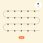 Guirlande lumineuse d’extérieur de 10 mètres avec 20 ampoules rondes transparentes sur câble noir.