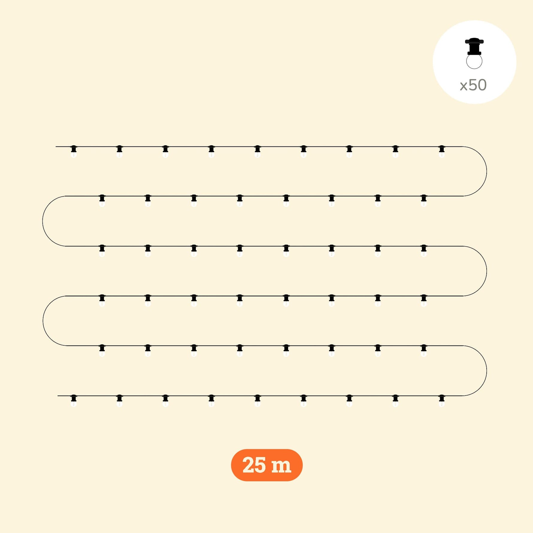 Guirlande lumineuse d’extérieur de 25 mètres avec 50 ampoules rondes blanches opaques, montées sur un câble noir, parfaite pour illuminer une terrasse, un jardin ou une pergola.