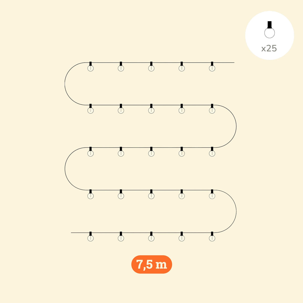 Guirlande lumineuse d’extérieur de 7,5 mètres avec 25 ampoules transparentes, idéale pour créer une ambiance chaleureuse sur une terrasse, un balcon ou dans un jardin.