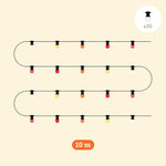 Schéma illustrant une guirlande lumineuse Sunset de 10 mètres composée de 20 ampoules colorées pour l’éclairage extérieur.