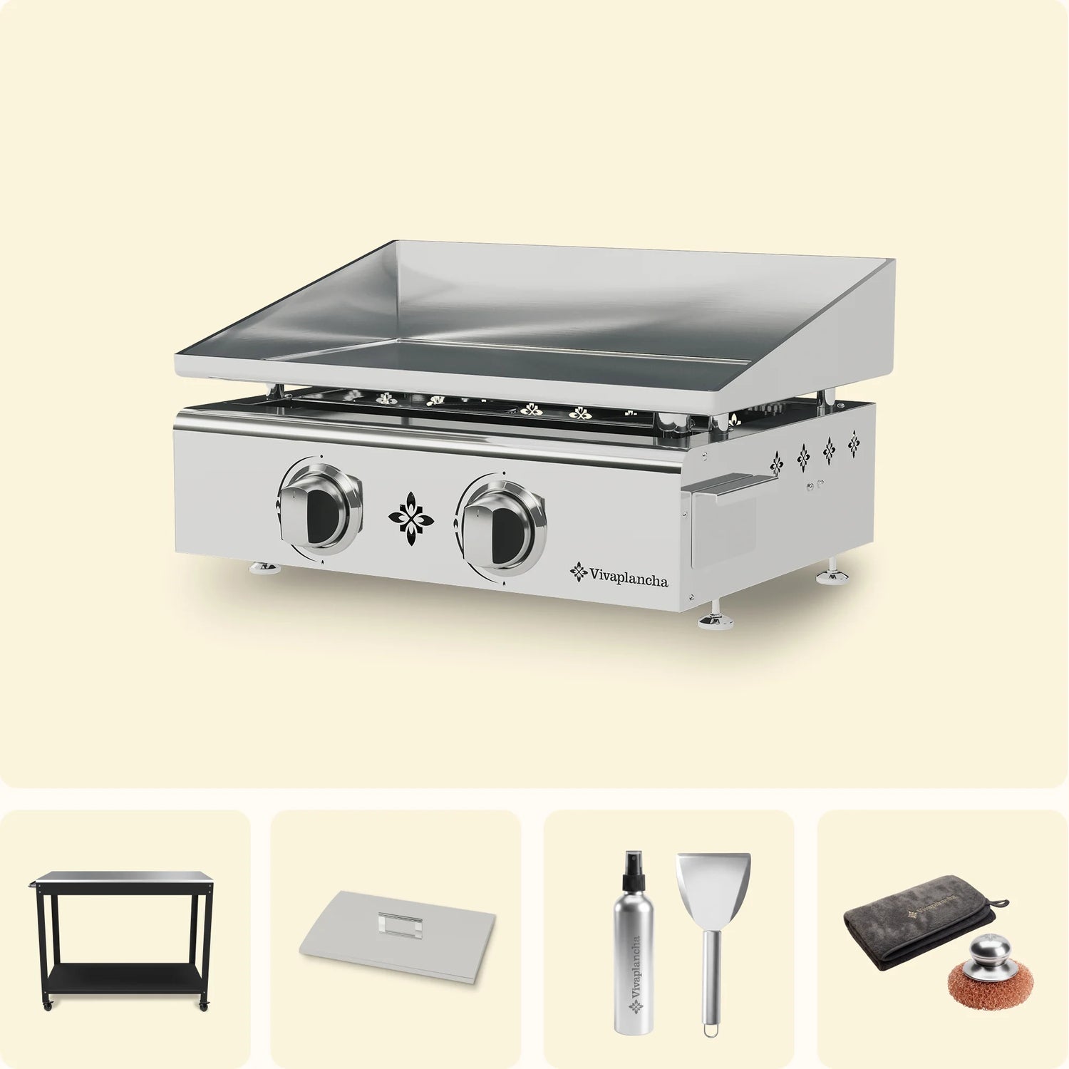 Pakket Gasplancha inox FLAMENCO 2 branders + Deksel + Accessoires + Onderstel