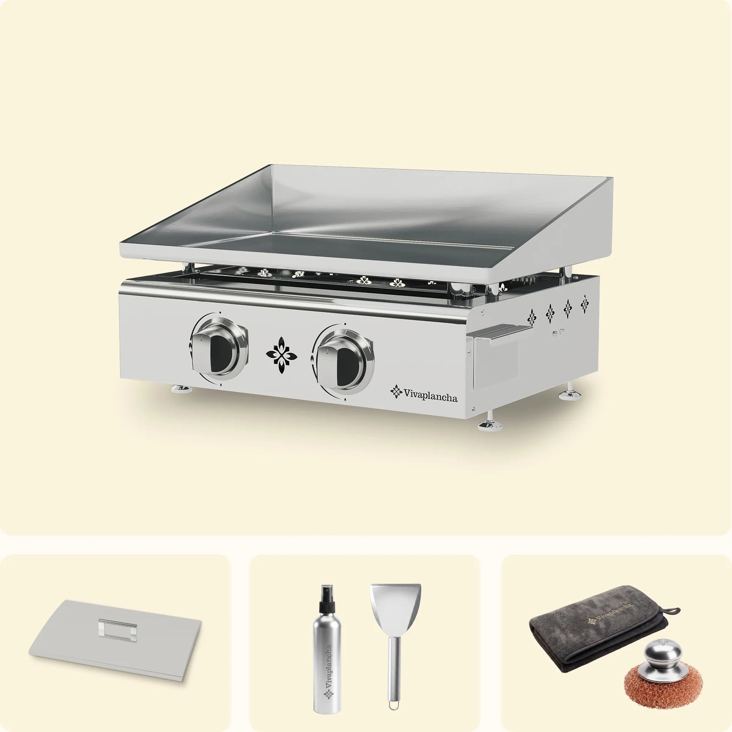 Pakket Gasplancha roestvrij staal FLAMENCO 2 branders + Deksel + Accessoires