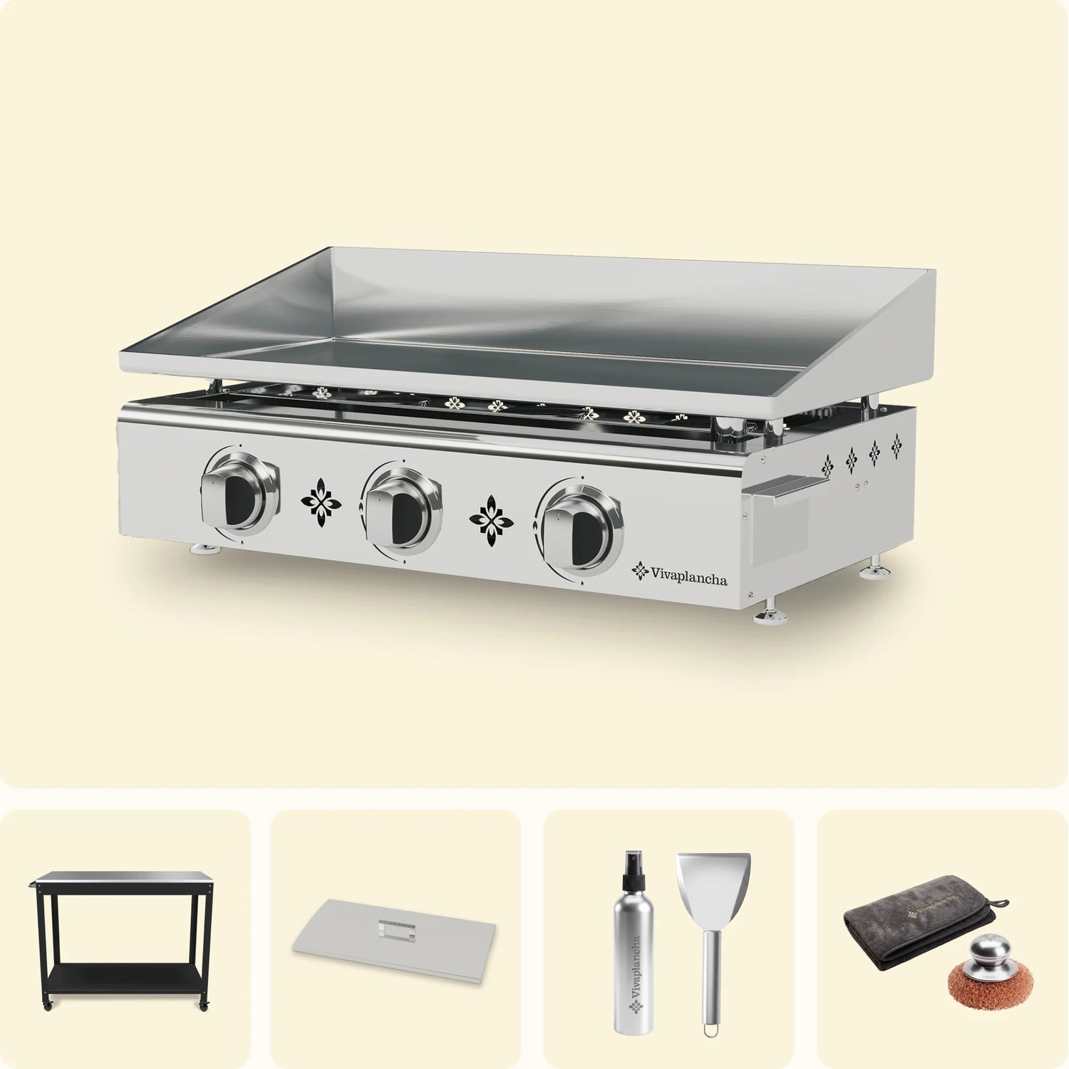 Pakket RVS gasplancha PIMIENTOS 3 branders + Deksel + Accessoires + Onderstel