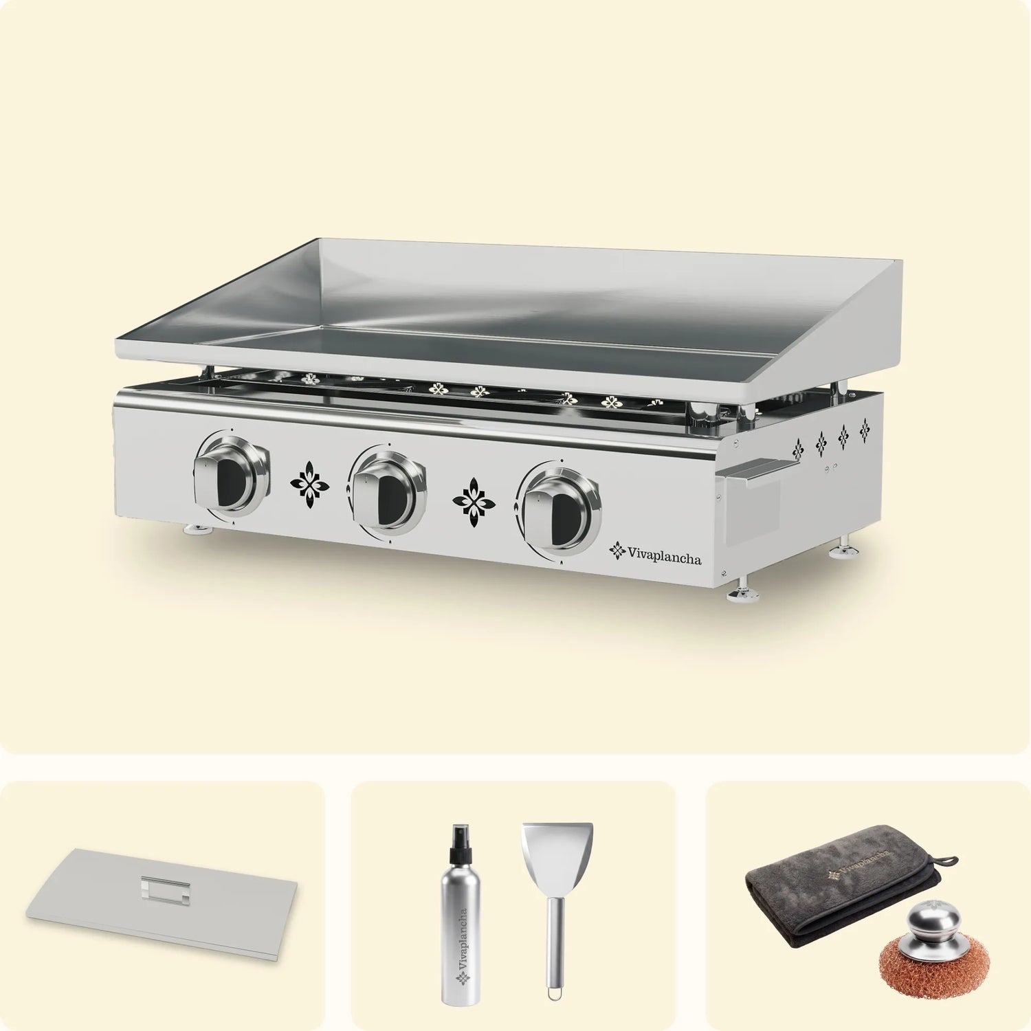 Pakket RVS gasplancha PIMIENTOS 3 branders + Deksel + Accessoires