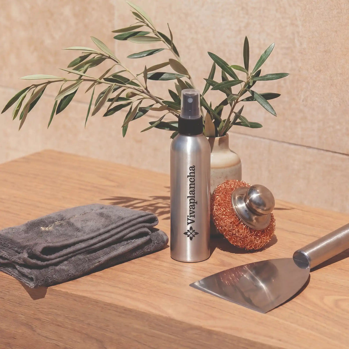 Kit accessoires Vivaplancha avec spatule inox, spray d’eau et paille de fer pour entretien de plancha