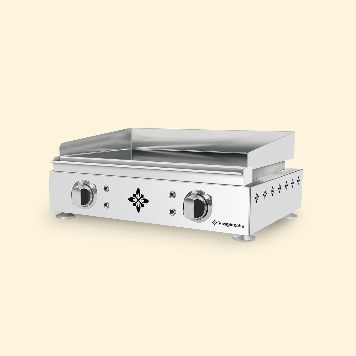Plancha électrique Vivaplancha modèle Lima, en inox, avec deux boutons de contrôle et plaque de cuisson lisse.