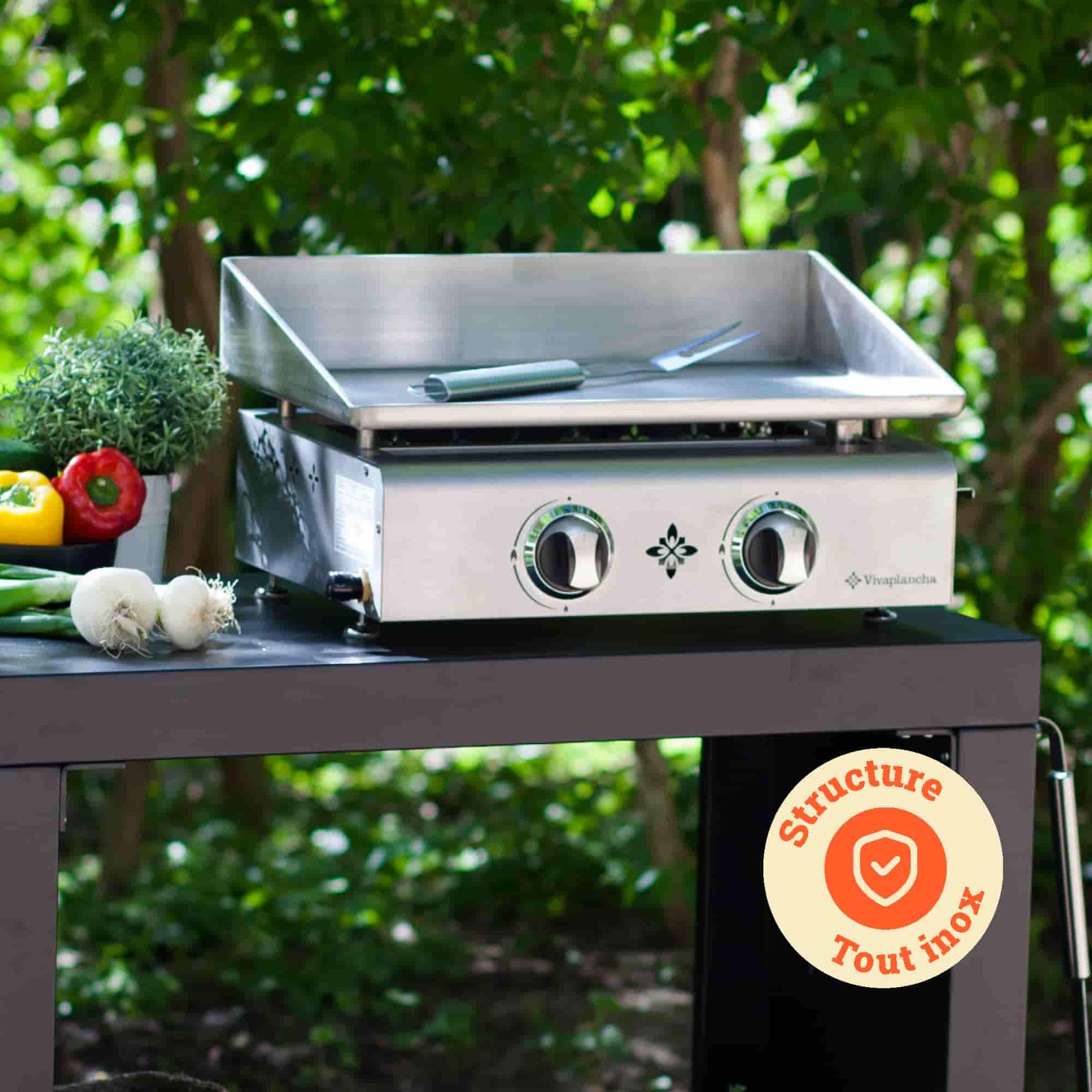 Plancha Vivaplancha van roestvrij staal geplaatst op een buitenkar, vergezeld van verse groenten, met een badge "Volledig roestvrijstalen structuur" rechtsonder.